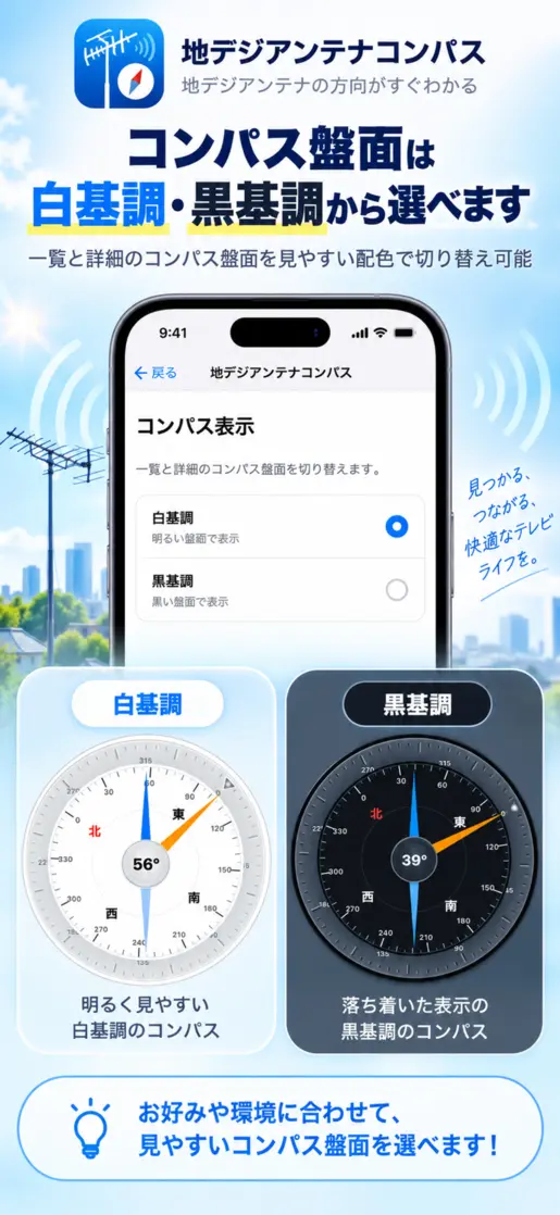 白基調と黒基調から選べるコンパス盤面の紹介